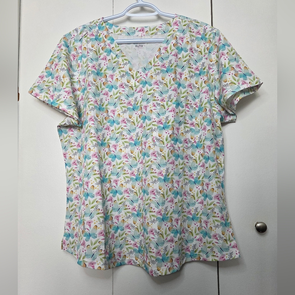 Womens Scrub Top Single Pocket Spring Pastel Butterfly Short Sleeves